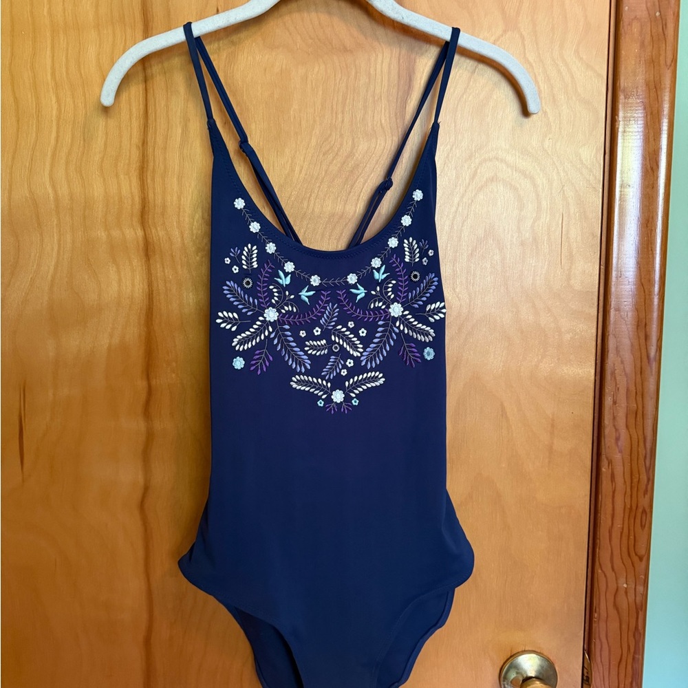 Little White Lies from Urban Outfitters- Navy Embroidered One Piece Swimsuit